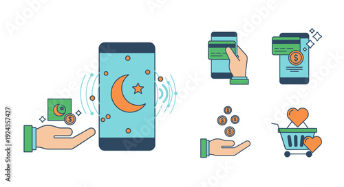 Mobile payment illustration showing hands holding devices and credit cards with a crescent moon on the screen