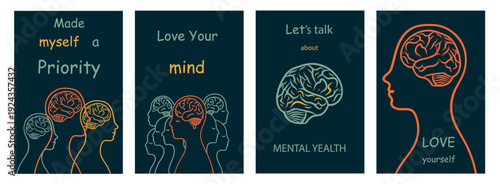 Mental health concept human head with floral elements line art vector