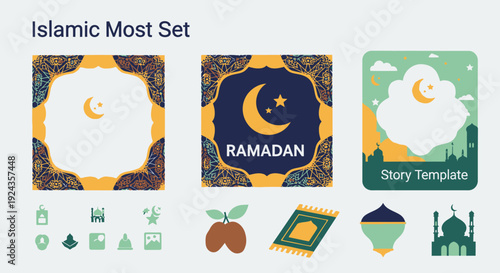 Islamic themed illustration set featuring Ramadan and crescent moon symbols in various decorative frames and icons