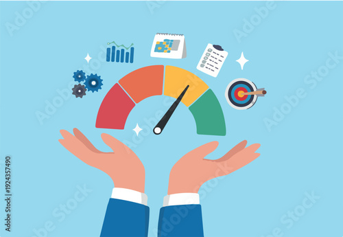 KPI key performance indicator, success benchmark or measuring goal achievement, metric or comparison standard, winning target dashboard concept, businessman hand with KPI performance gauge sc.