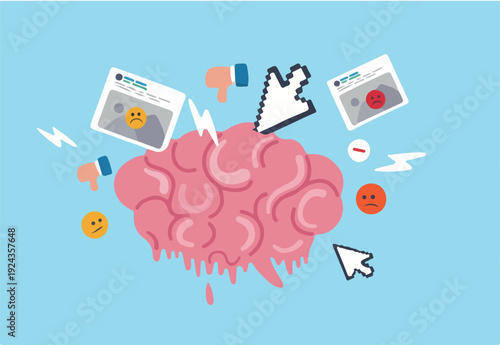 Brain rot toxic social media addiction causing depression, anxiety and negative harmful mind, online overwhelmed, cyber bullying or doomscrolling concept, human brain rot with toxic social me