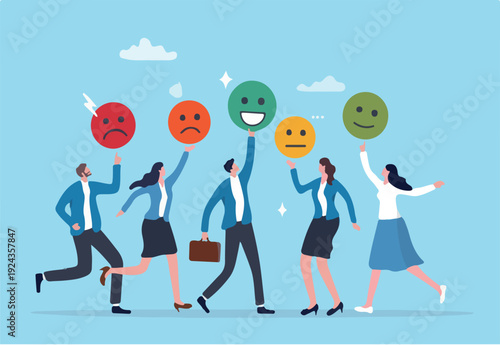 Satisfaction rating, customer feedback review or client survey, employee emotion raking, angry, sad or like, marketing review concept, customer or employee with emoji emotion as user satisfac.