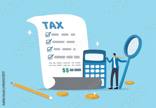 Tax planning, financial strategy for tax optimization, reduction or refund, income or revenue management, taxation or calculation concept, businessman with magnifying glass analyze tax plan d.