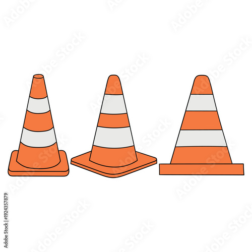 Hand-drawn cartoon set of traffic cones on a white background.