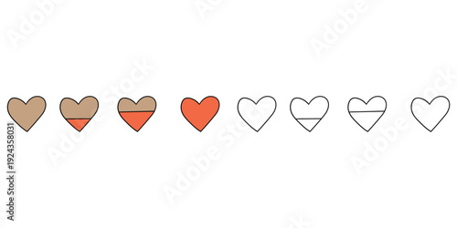 Hand-drawn cartoon and doodle set of heart-shaped life bars for video games on a white background.