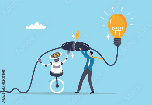 AI Artificial Intelligence support to business success, innovation or technology to get new idea, robot or automation for business concept, businessman plug in lightbulb with robot to work to.
