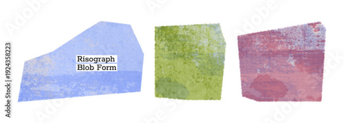 Risograph geometric abstract blob background. Vector abstract irregular shapes with grainy dot distressed effect. Place for text for poster, eco branding, retro design. Stencil riso halftone texture.