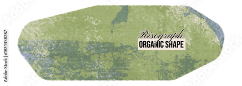 Green risograph print organic background with place for text. Dotted stencil halftone texture overlay. Abstract irregular ink figure with grainy effect. Vector geometric text box frame for design.