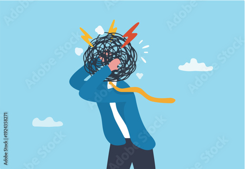 Overthinking, too much worried, stress or anxiety, self doubt, fear or indecision, obsession thoughts, mental exhaustion or negative emotional, overload concept, businessman overthinking mess.