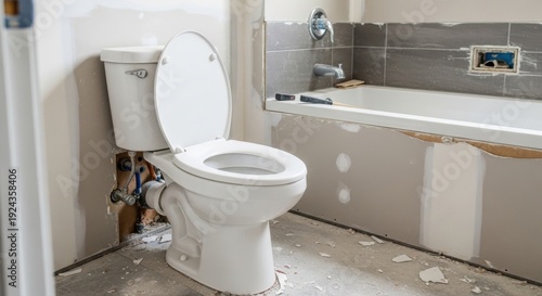 A white toilet and bathtub in a bathroom under construction with exposed plumbing and concrete floor