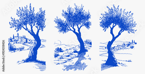 Olive trees rolling hills mediterranean landscape blue ink. Hand drawn countryside scenery with villages and fields. Travel nature illustration for summer postcards.