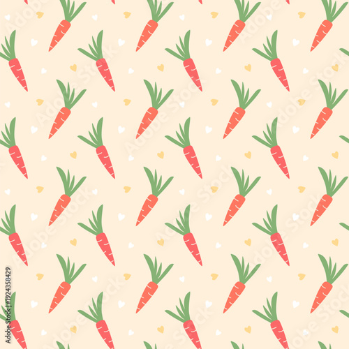 Hand drawn seamless pattern of simple abstract carrots and hearts. A farmers vector background of a flat style orange root vegetable harvest.
