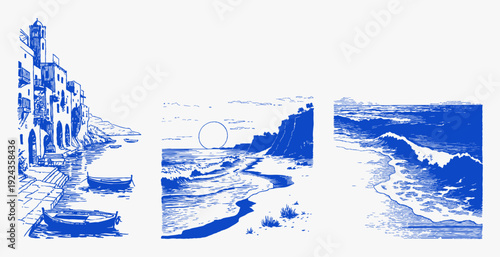 Mediterranean coastal village beach waves sunset sketch set. Hand drawn blue harbor houses, cliffs and rolling sea in vintage italian travel doodle style vector for prints or cards.
