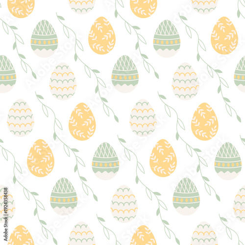 Flat seamless Easter pattern in pastel colors with colorful eggs decorated floral, geometric and line elements on white background