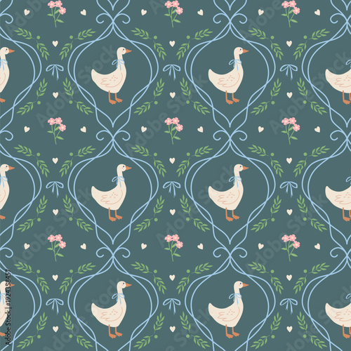 Whimsical seamless pattern with flat illustrations of a white funny goose, flowers, blue ribbons and bows. Vintage cozy hand drawn wallpaper design