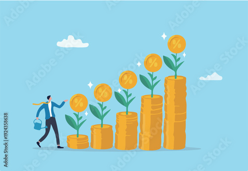  Compound interest growth, savings, investment or wealth accumulation formula, interest rate principal, profit or earning, prosperity concept, businessman watering compound interest seedling g