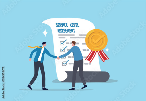 SLA service level agreement, commitment or support contract for uptime, availability or resolution for service problem, guarantee concept, businessman handshake with SLA checklist contract ag