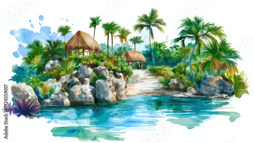Xcaret Eco Park. Xcaret Eco Park hand drawn watercolor illustration
