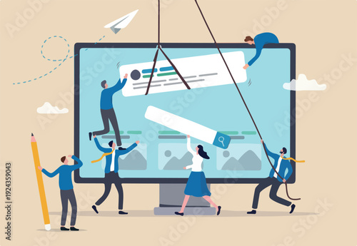 Website development, build homepage layout or html designer, SEO search engine optimization or site template creation concept, business people help carry web banner create website on computer.