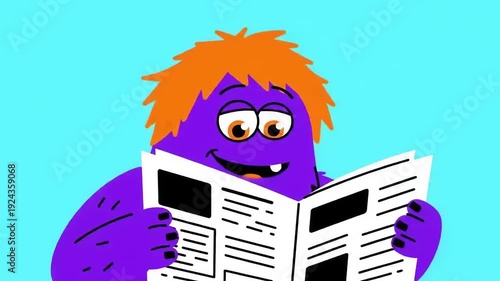 Purple Cartoon Character Reading Newspaper.