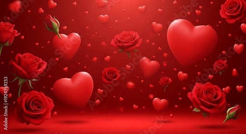 A heartfelt display of love and romance with red hearts and roses in a vibrant setting