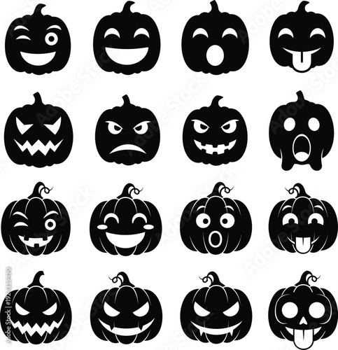 Collection of various carved jack o lantern faces for halloween