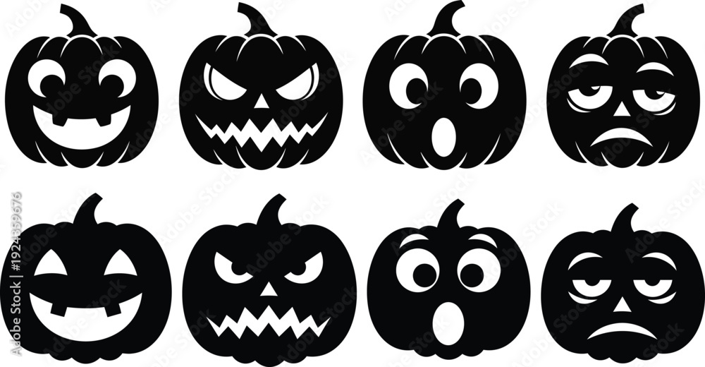 Obraz premium Collection of eight carved halloween pumpkins with different spooky faces