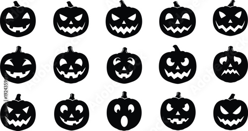 Collection of various carved halloween pumpkin faces