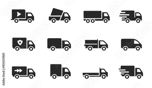 Delivery truck icon set on dark background, showing box vans, dump truck, cargo lorry, express speed lines, secure shipping badge, and play symbols for logistics apps and tracking.