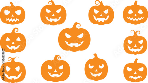 Collection of carved jack o lanterns with various spooky faces
