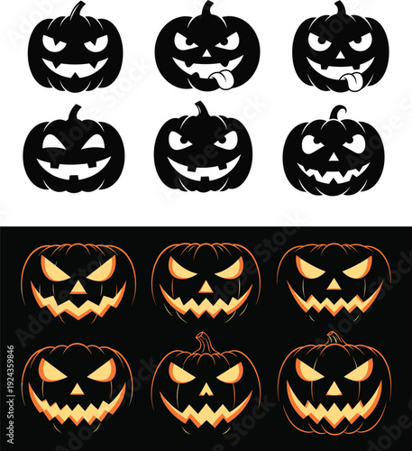 Collection of glowing and non glowing carved halloween pumpkins