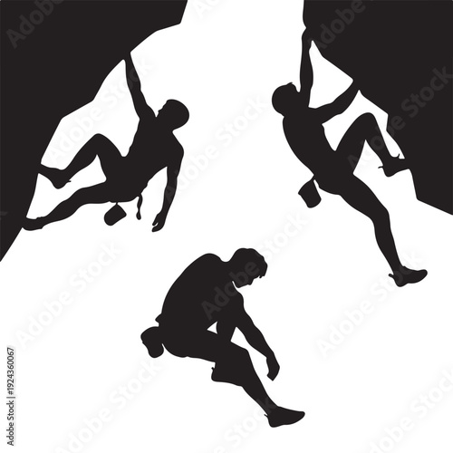 Rock Climbing Silhouette Set – Climbers on Cliff Black and White Vector Illustration