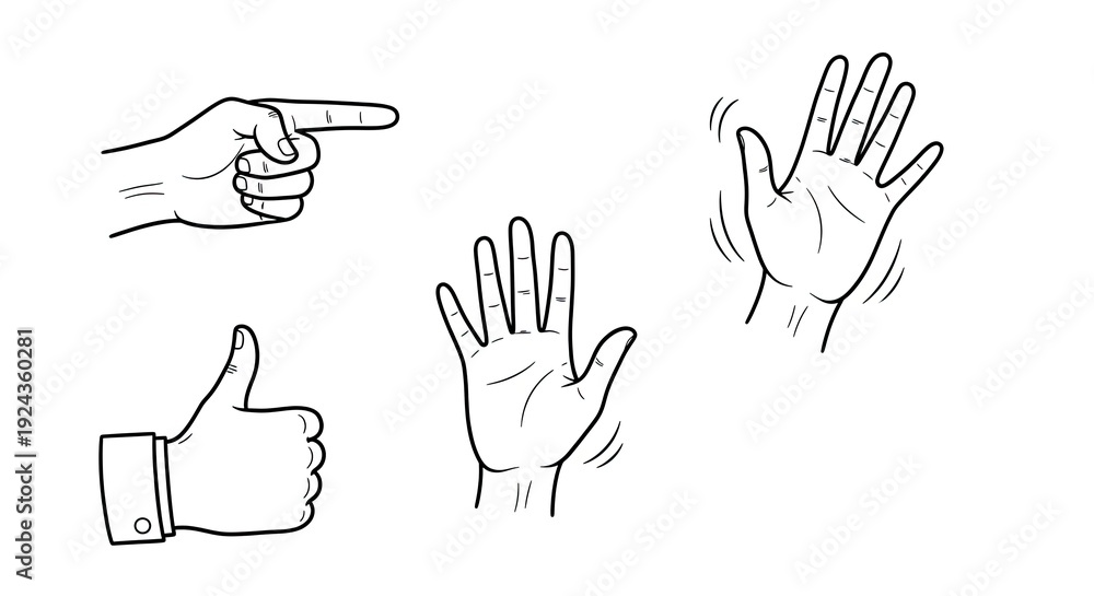 Fototapeta premium Various hand gestures including pointing, waving, and thumbs up are illustrated.