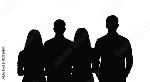Silhouettes of four people standing close together against a white background