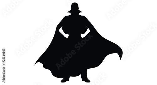 A striking silhouette of a figure wearing a cape and hat appearing heroic