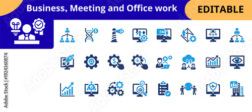 Editable Business and Office Management Flat Vector Icon Collection