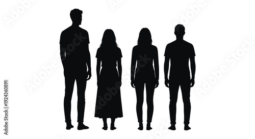 Four silhouetted figures stand in a row against a plain white background