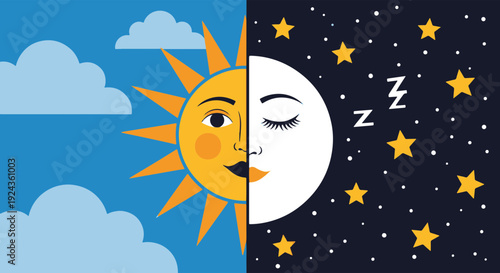 Dynamic Split View of a Cheerful Sun and Clouds Representing Day Alongside a Tranquil Night Sky