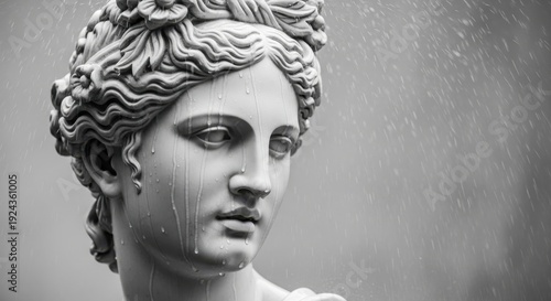 A close-up of a stone statue of a woman with rain falling on her face