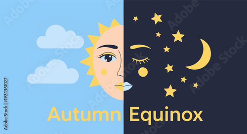 Autumn Equinox Concept with Balanced Day and Night Female Face Sun Moon Stars and Clouds