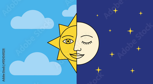Day and Night Concept with Stylized Sun Sleeping Moon Twinkling Stars and Blue Sky