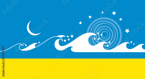 Stylized Graphic Depicting a Nocturnal Seascape with Dark Ocean Waves Crescent Moon and Stars over Yellow Land