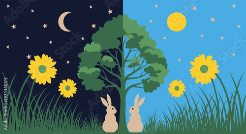 Day and Night Nature Scene with Rabbits a Tree Sun Moon and Blooming Sunflowers
