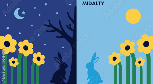 Whimsical Scene Featuring Cute Rabbits and Bright Yellow Flowers Transitioning from Night to Day