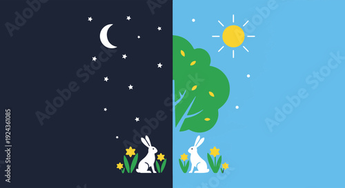 Day and Night Nature Scene with Rabbits and Spring Flowers Sun Shining and Moon Glowing with Stars