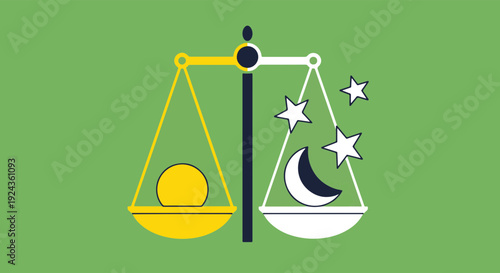 Balanced Scales Symbolizing Equilibrium Between Bright Sunny Daytime and Dark Starry Nighttime Elements