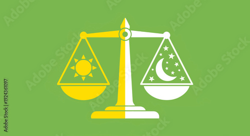 Symbolic Balance Scale Featuring Sun and Moon with Stars Representing Day and Night Equilibrium