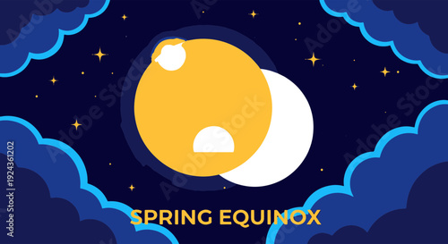Earth Globe Showing Day and Night During Spring Equinox Under a Dark Starry Sky with Clouds