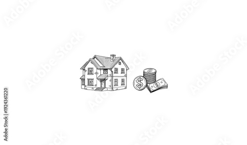 House Architecture Sketch with Money Icons – Real Estate Investment Concept Vector