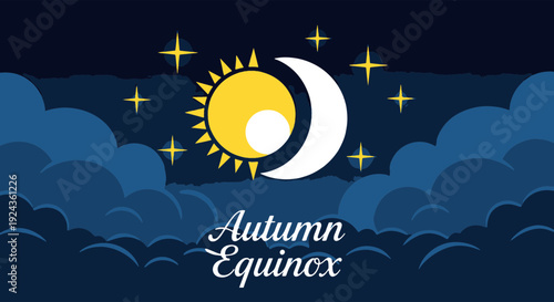 Stylized Autumn Equinox Concept with Celestial Sun and Moon Twinkling Stars and Dark Blue Clouds